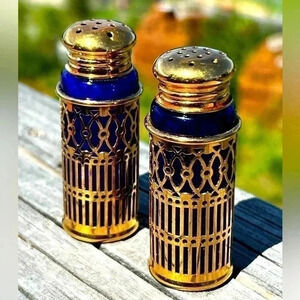 Vintage Leonard Cobalt Blue Salt And Pepper Shakers With Gold Tone Filgree